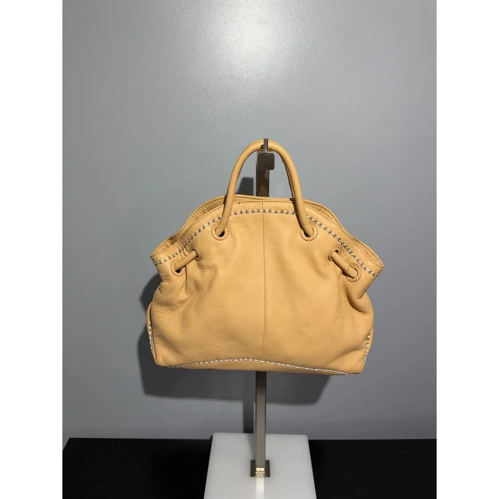 David & Scotti Italian Leather Handbag Tan Whipstitch Satchel Tote Bag